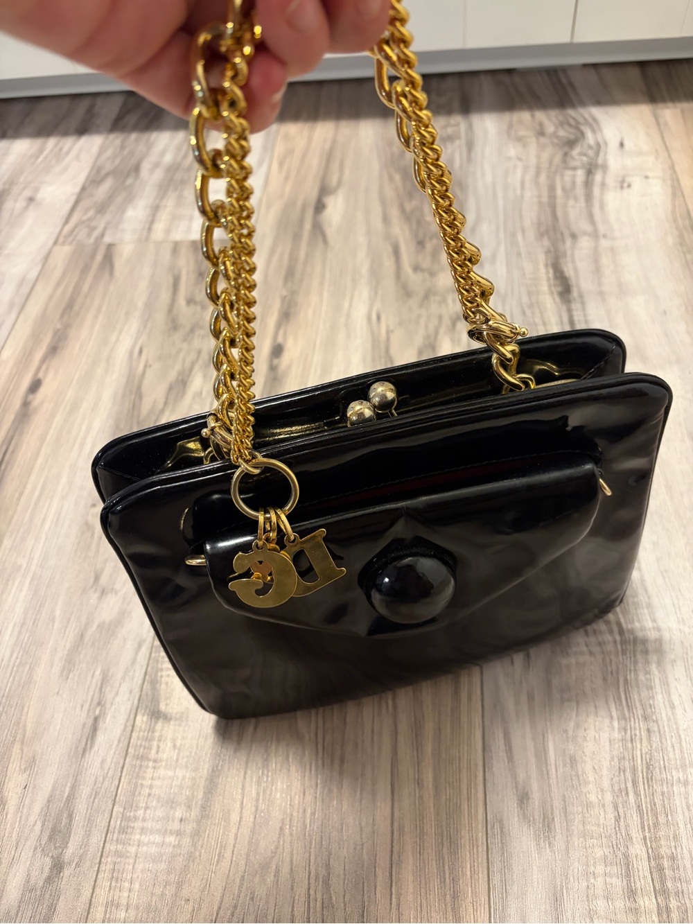 Vintage Dolce & Gabbana Black Patent Purse with Gold Chain